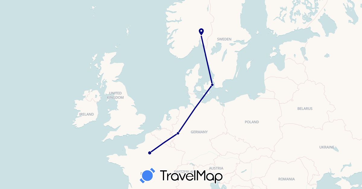 TravelMap itinerary: driving in Germany, Denmark, France, Norway (Europe)
